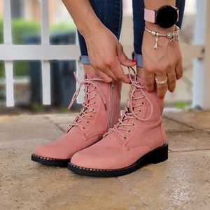 Women's Mauve Lace Up Ankle Mid-Calf Combat Boots